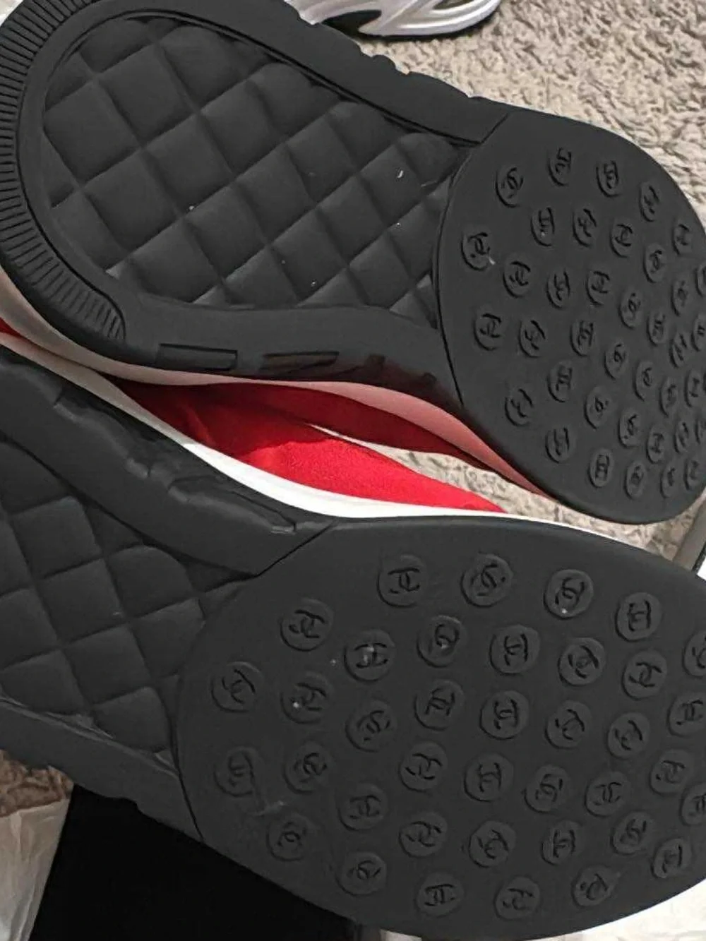 CHANEL Red Suede Logo Sneakers